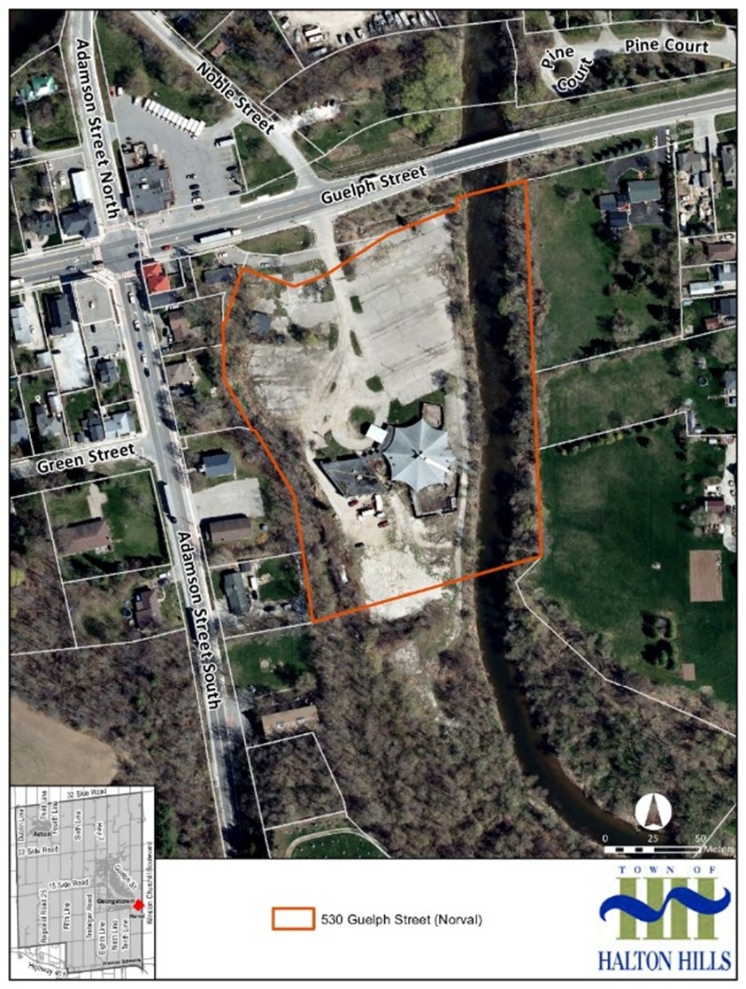 An ariel view of 530 Guelph Street showing the existing buildings and roads