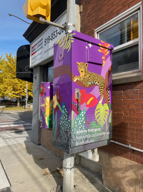 A colorfull hydro box with a tiger painted on it.