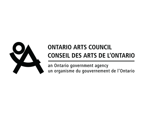 An all black version of the Ontario Arts Council logo with an abstract o and a that is made into a shape together on the left side and the text written out in English and French on the right hand side