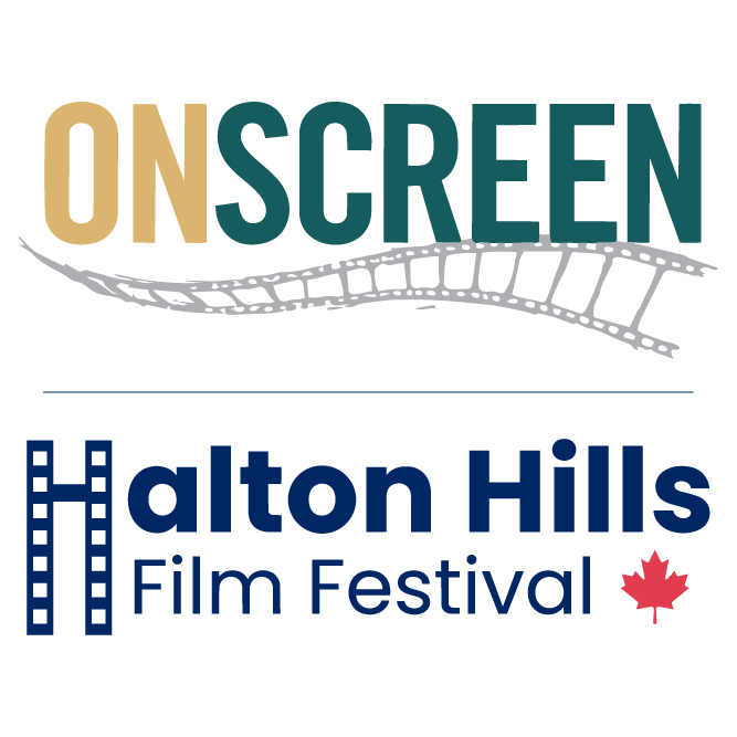 Graphic for the OnScreen Movies at the John Elliott Theatre series. The top features the OnScreen logo with a stylized film strip. This is on top of the Halton Hills Film Festival Logo, that is navy blue in colour and the H is created out of film strips