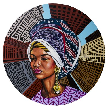 A circular artwork featuring a person wearing a large, patterned headwrap with bold designs, including stars and stripes, layered with purple and white geometric patterns. The figure has ornate, gold-toned earrings with intricate detailing of George Floyd portrait. The background consists of a dynamic, radiating cityscape of tall buildings in varying shades of brown, red, and yellow, creating a sense of depth and perspective. The overall composition combines vibrant colors and striking architectural elements for a visually impactful piece. 