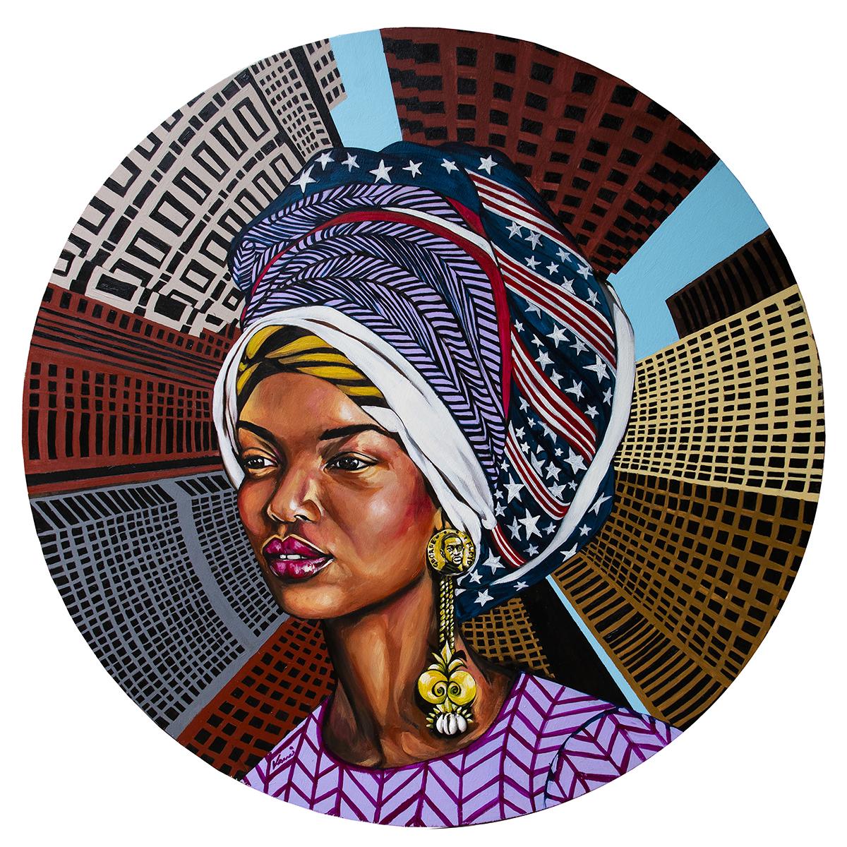 A circular artwork featuring a person wearing a large, patterned headwrap with bold designs, including stars and stripes, layered with purple and white geometric patterns. The figure has ornate, gold-toned earrings with intricate detailing of George Floyd portrait. The background consists of a dynamic, radiating cityscape of tall buildings in varying shades of brown, red, and yellow, creating a sense of depth and perspective. The overall composition combines vibrant colors and striking architectural elements for a visually impactful piece. 