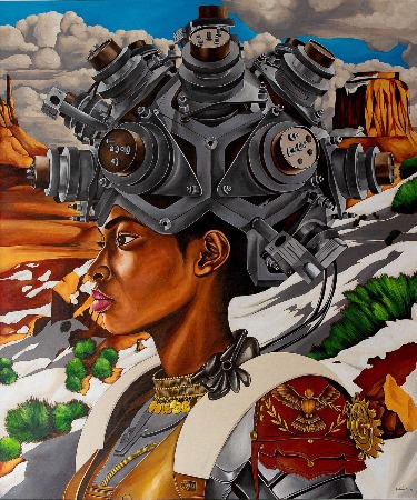 A painting depicting a figure adorned with elaborate mechanical headgear resembling industrial machinery, featuring multiple cylindrical components and gears arranged symmetrically. The person wears ornate jewelry, including a gold necklace and decorative armor-like clothing with intricate patterns and a red emblem. The background shows a dramatic desert landscape with towering red rock formations, green shrubs, and patches of snow under a vivid blue sky filled with billowing clouds. The artwork combines elements of futuristic technology and traditional adornment in a striking, imaginative composition.