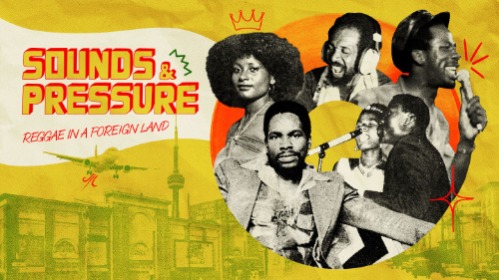 Sounds & Pressure Graphic Graphic with several musicians and yellow and orange background with text Sounds and Pressure