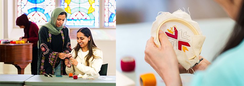 A split image shows two scenes related to textile crafts. On the left, two individuals sit at a table in a bright room with stained-glass windows, working together on a small crafting project involving thread or yarn. Another person is visible in the background near a piano. On the right, a close‑up view shows hands holding an embroidery hoop with a colorful geometric design in red, yellow, and gray, with spools of thread nearby.