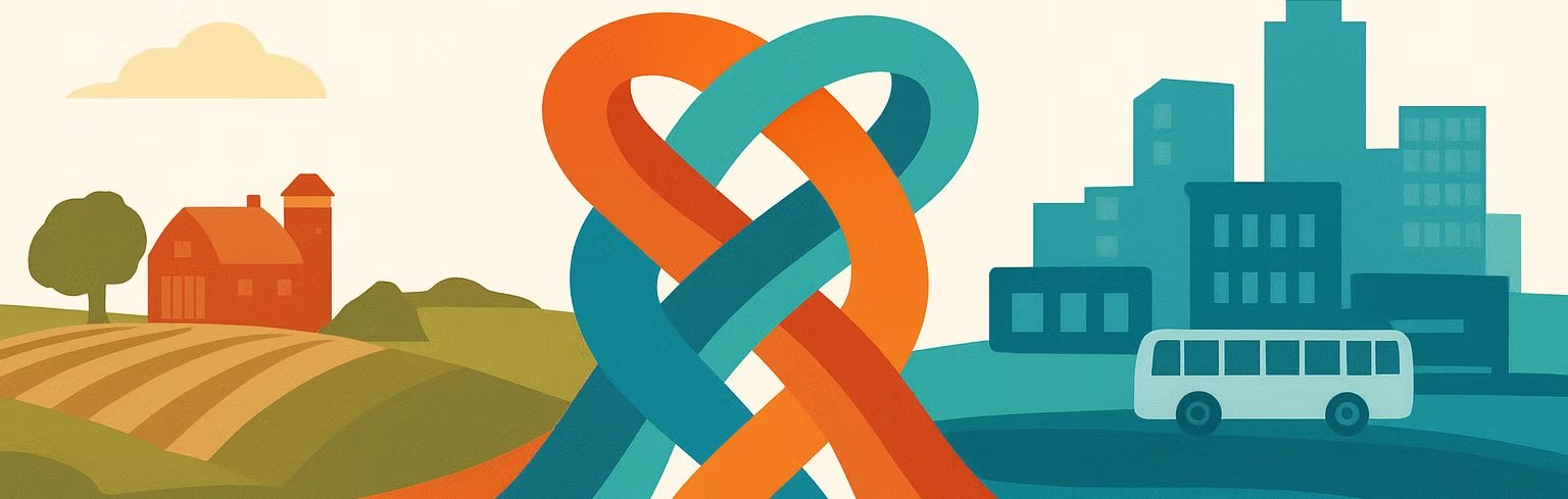 HEDRConference Illustration showing a rural farm landscape on the left and an urban city skyline with a bus on the right, connected by intertwined teal and orange ribbons in the center.