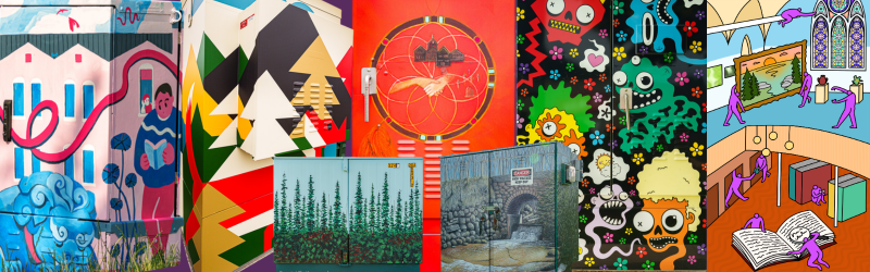 A collaged image of public art boxes, with bright colours featuring people, animals, and other non-human items.