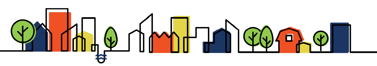 Simplified vector drawing of a 2-D Town/City with buildings, trees, a barn and pond