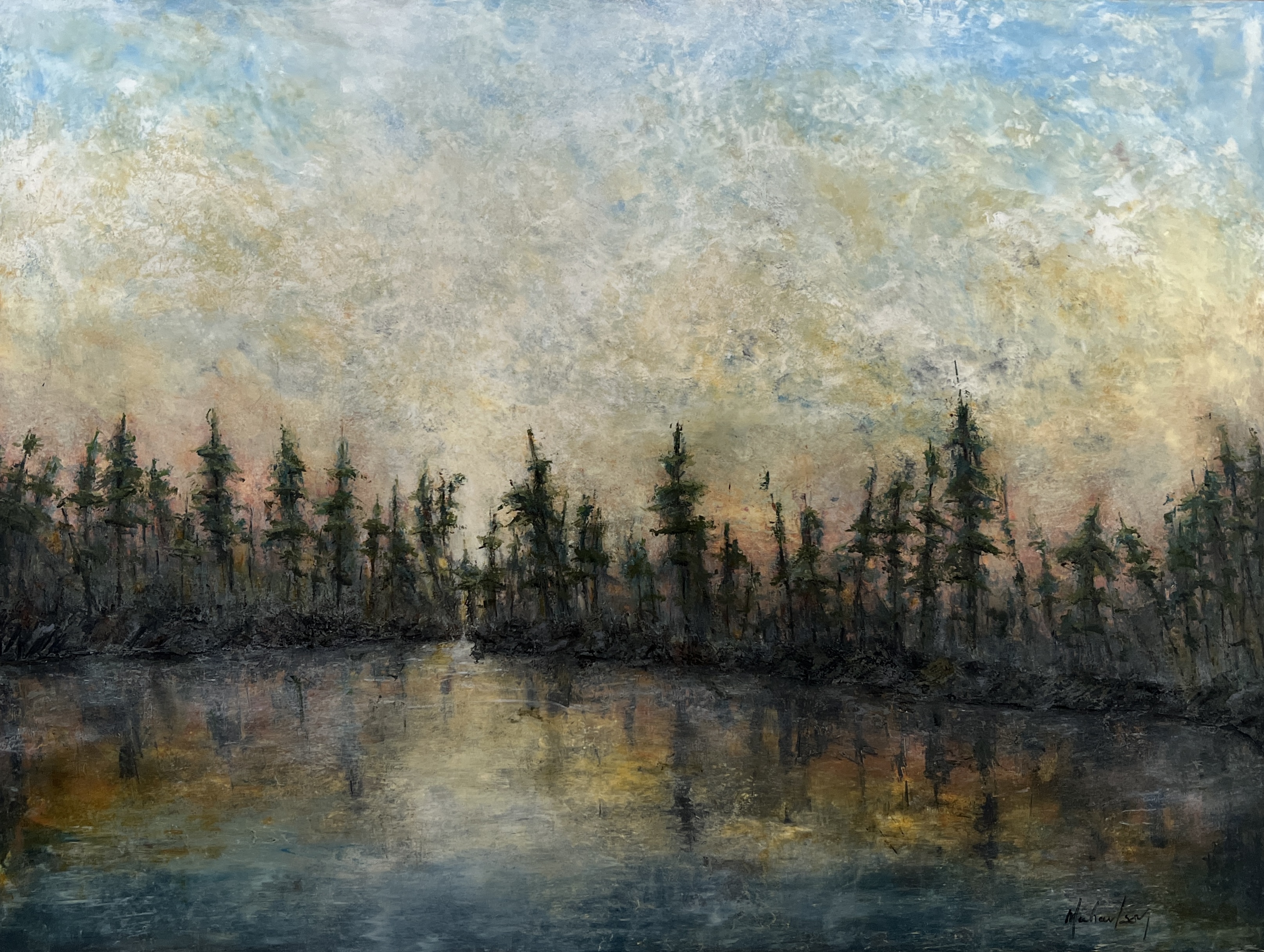 A landscape painting depicts a line of slender evergreen trees silhouetted along the edge of calm water, with their reflections mirrored below, beneath a softly textured sky blending pale blues, creams, and warm hints of gold.