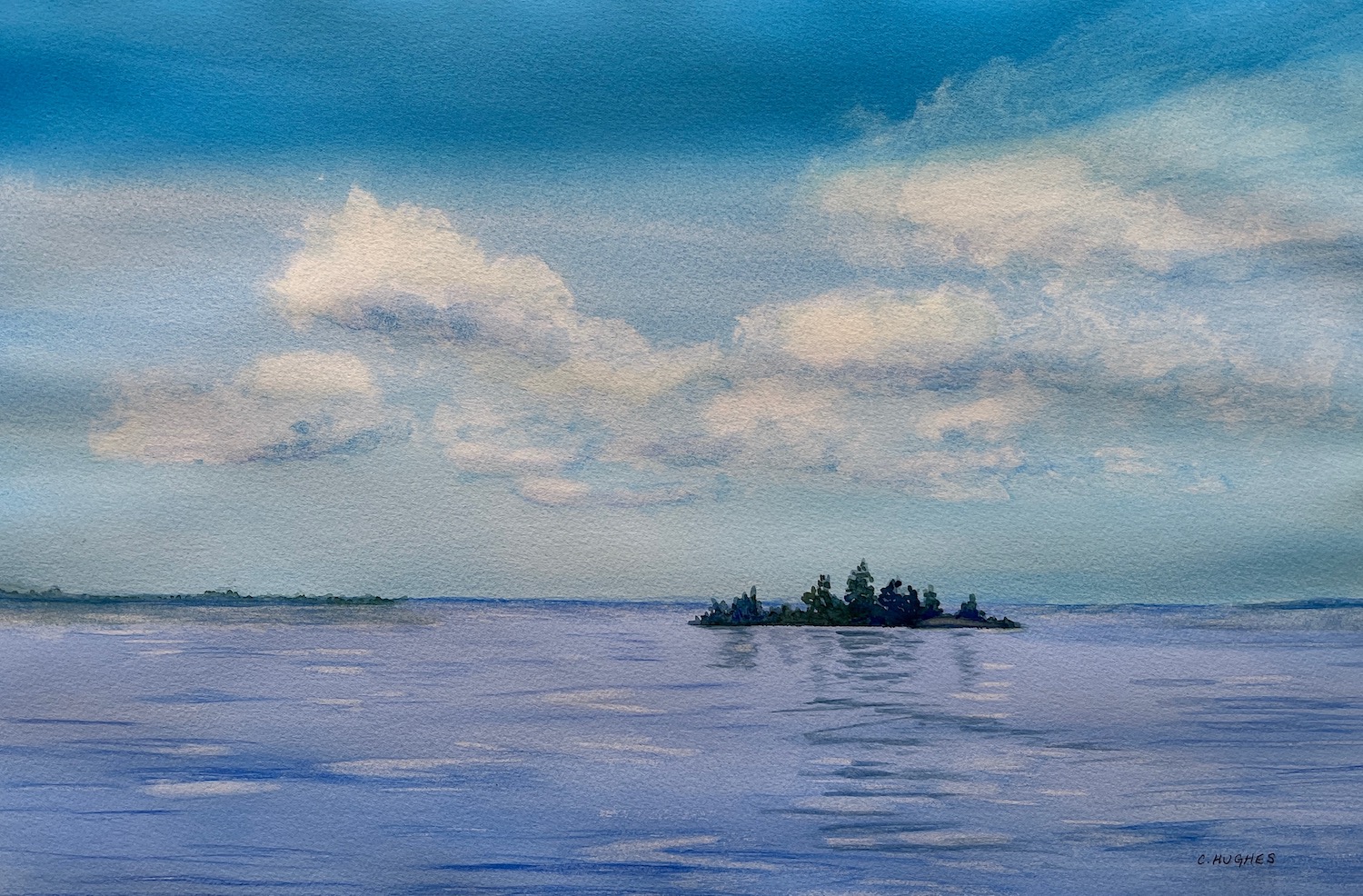 CarolHughesFloatinginBlue A serene watercolor landscape depicting a small tree-covered island in the distance, surrounded by calm blue water. Soft clouds stretch across a bright sky, and gentle reflections ripple across the lake’s surface.