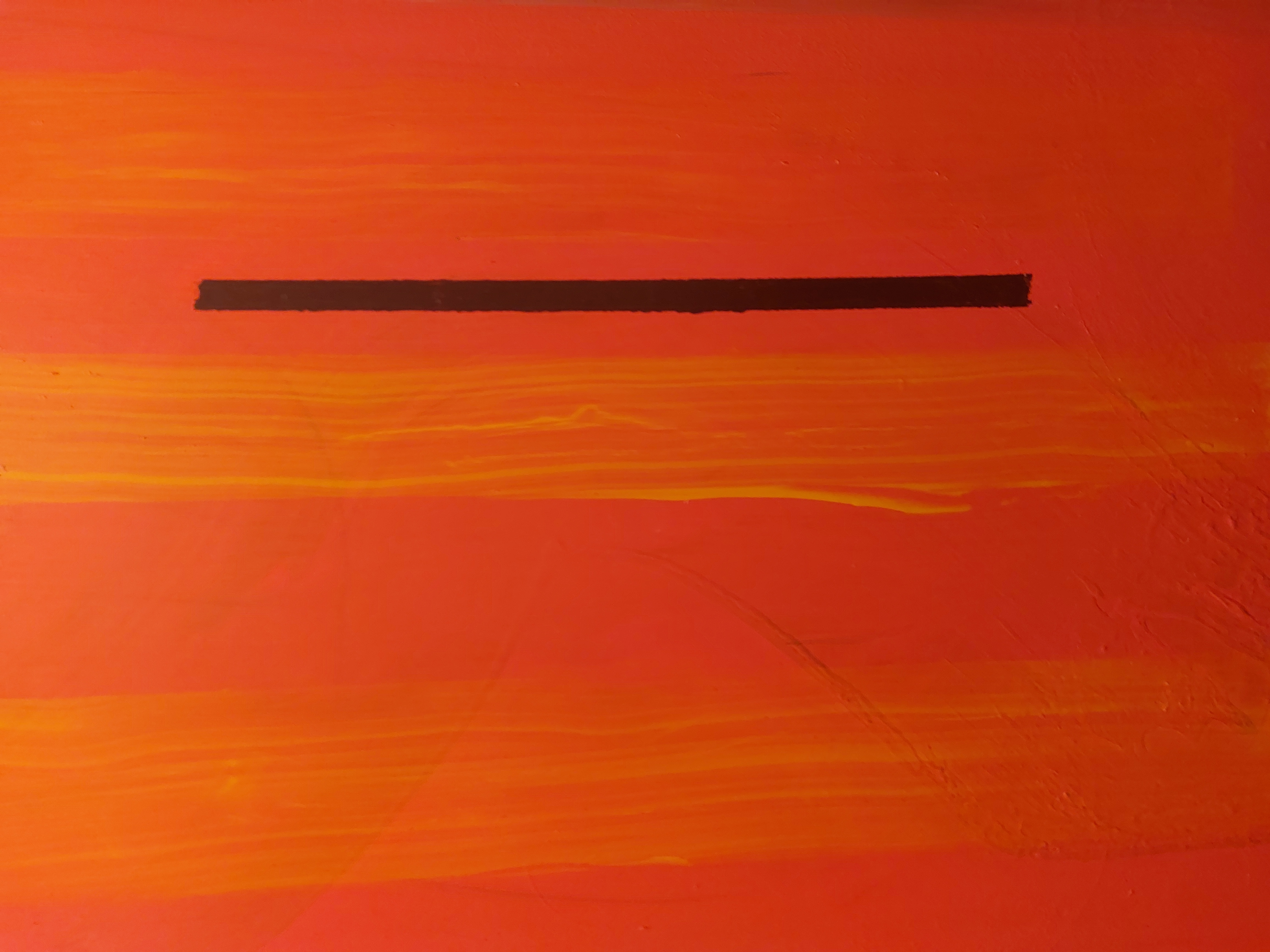 DerekArissTransparency An abstract painting featuring a warm red background with vertical streaks of orange and yellow. A single dark vertical line appears on the right side, contrasting sharply with the surrounding colours.