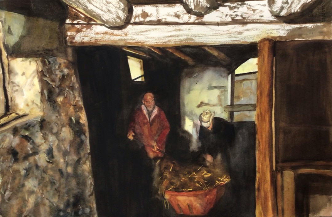Chores Painting of two men in a barn
