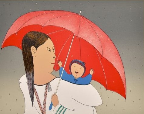 Two people standing under an umbrella