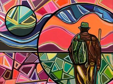 TheTravellerAbstractViews Colorful abstract artwork featuring a person seen from behind, wearing a hat and carrying a backpack while holding a walking stick. The figure stands before vibrant geometric patterns in pink, orange, green, and blue, with curving shapes suggesting a landscape and sun. Bold black lines separate the mosaic-like sections, creating a stained-glass effect.