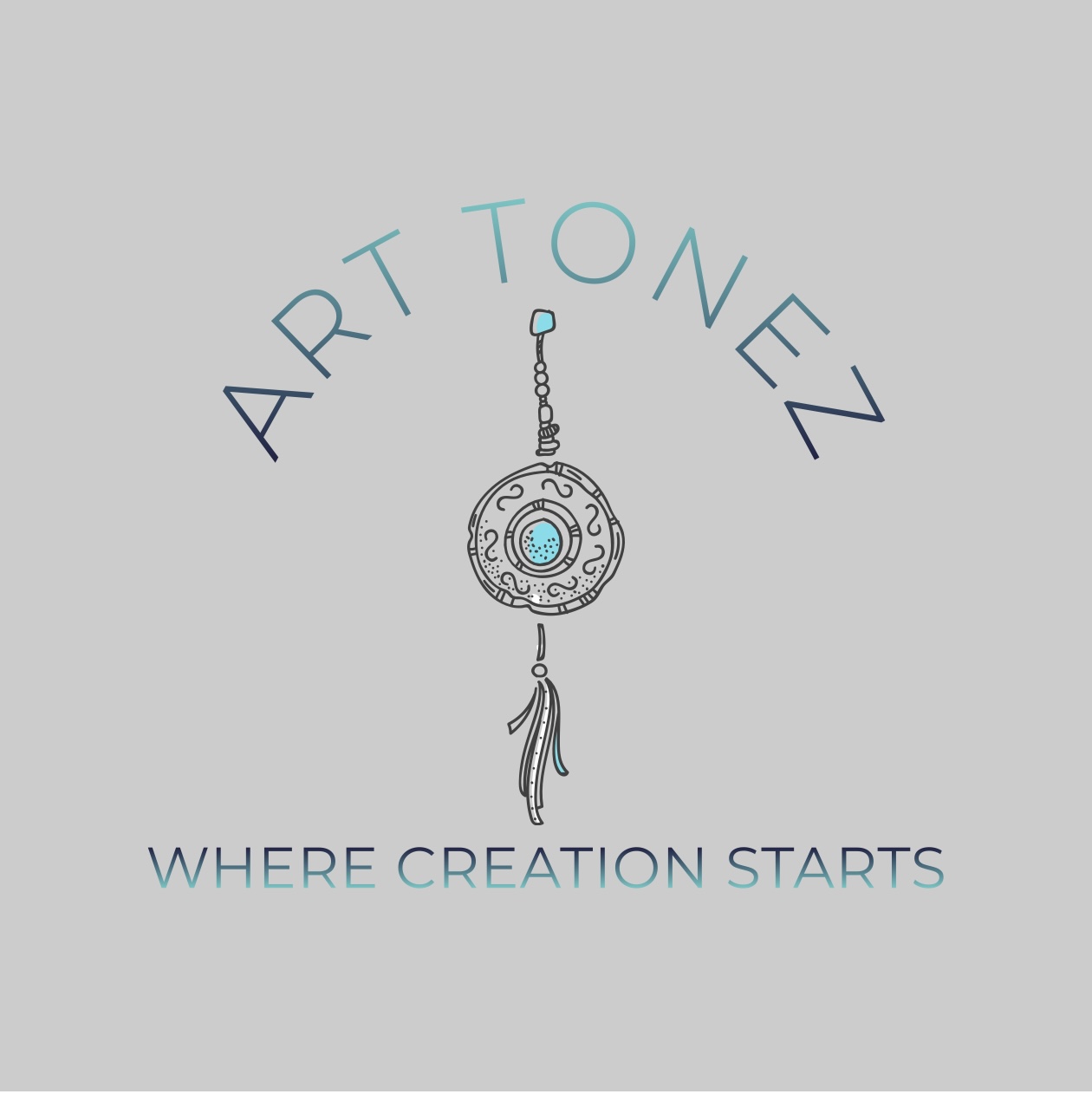 Art Tonez logo featuring the words “ART TONEZ” arched above a stylized hanging charm with a circular centre and tassels, drawn in fine black lines with teal accents, on a light grey background. The tagline “WHERE CREATION STARTS” appears below in teal and dark blue lettering.