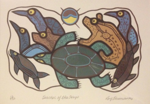 Colourful artwork showing a central turtle surrounded by birds, fish, and other animals, all outlined in black with patterned details in blue, green, brown, and yellow, arranged in a circular composition beneath a small sun‑like symbol.