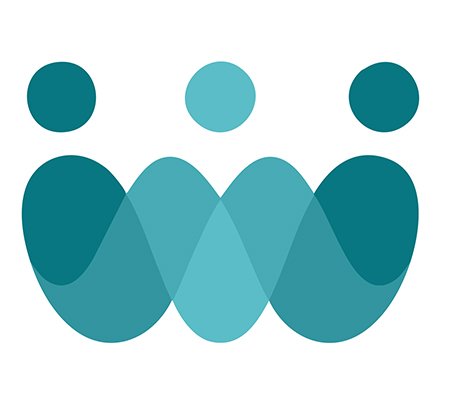 Logo featuring three stylized human figures formed with overlapping teal shapes, creating a wave-like pattern.