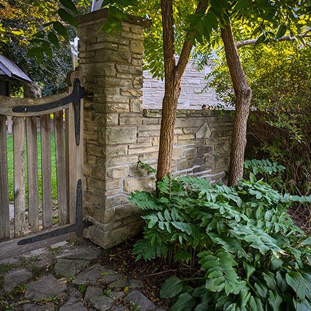 Greenwood Cemetery entrance garden and gate