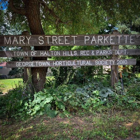 Mary Street Parkette flowers and sign