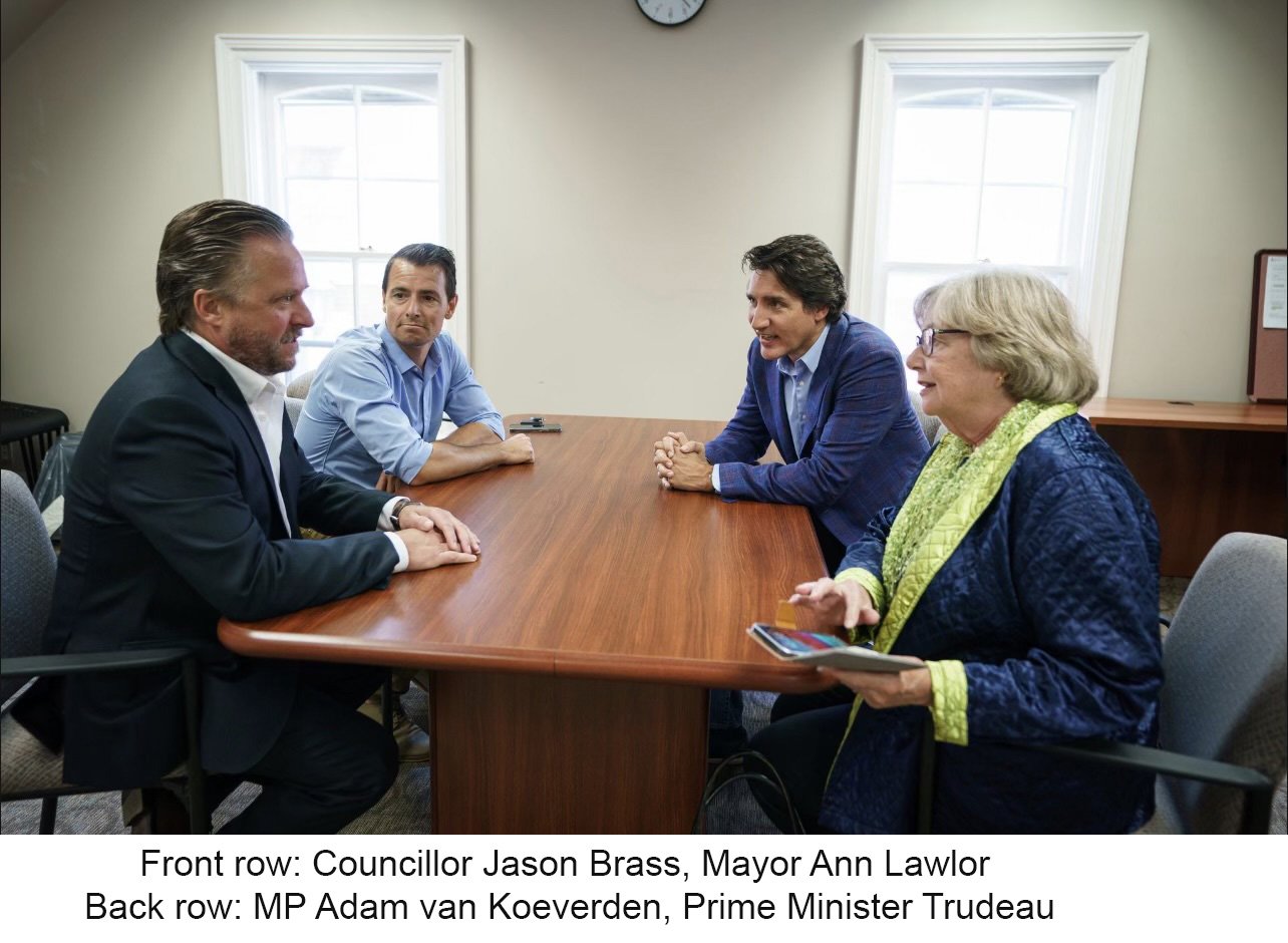 Mayor Lawlor and Councillor Jason Brass with MP Adam van Koeverder and Prime Minister Trudeau