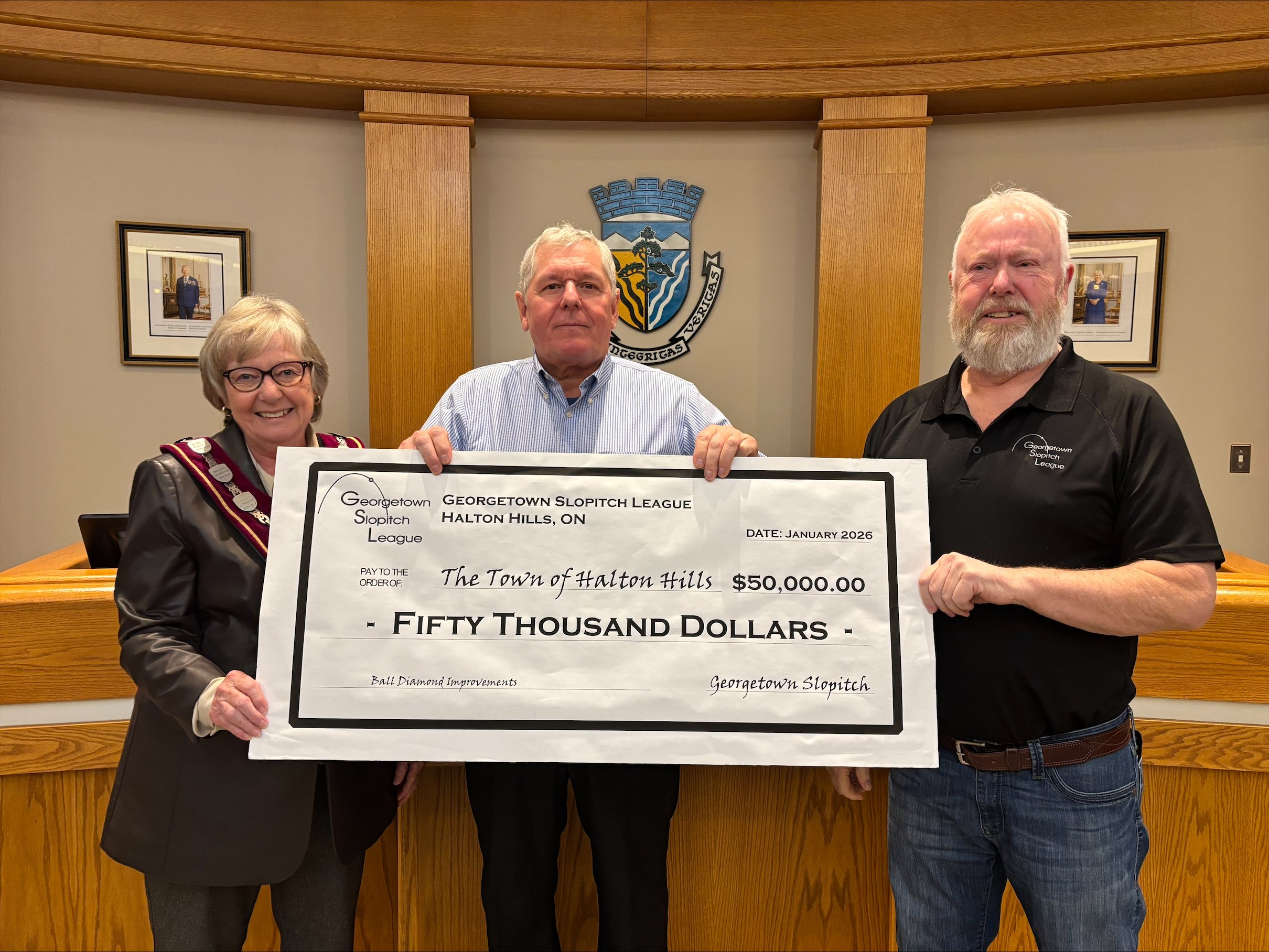 Mayor Lawlor receives cheque from Slo-Pitch League executives