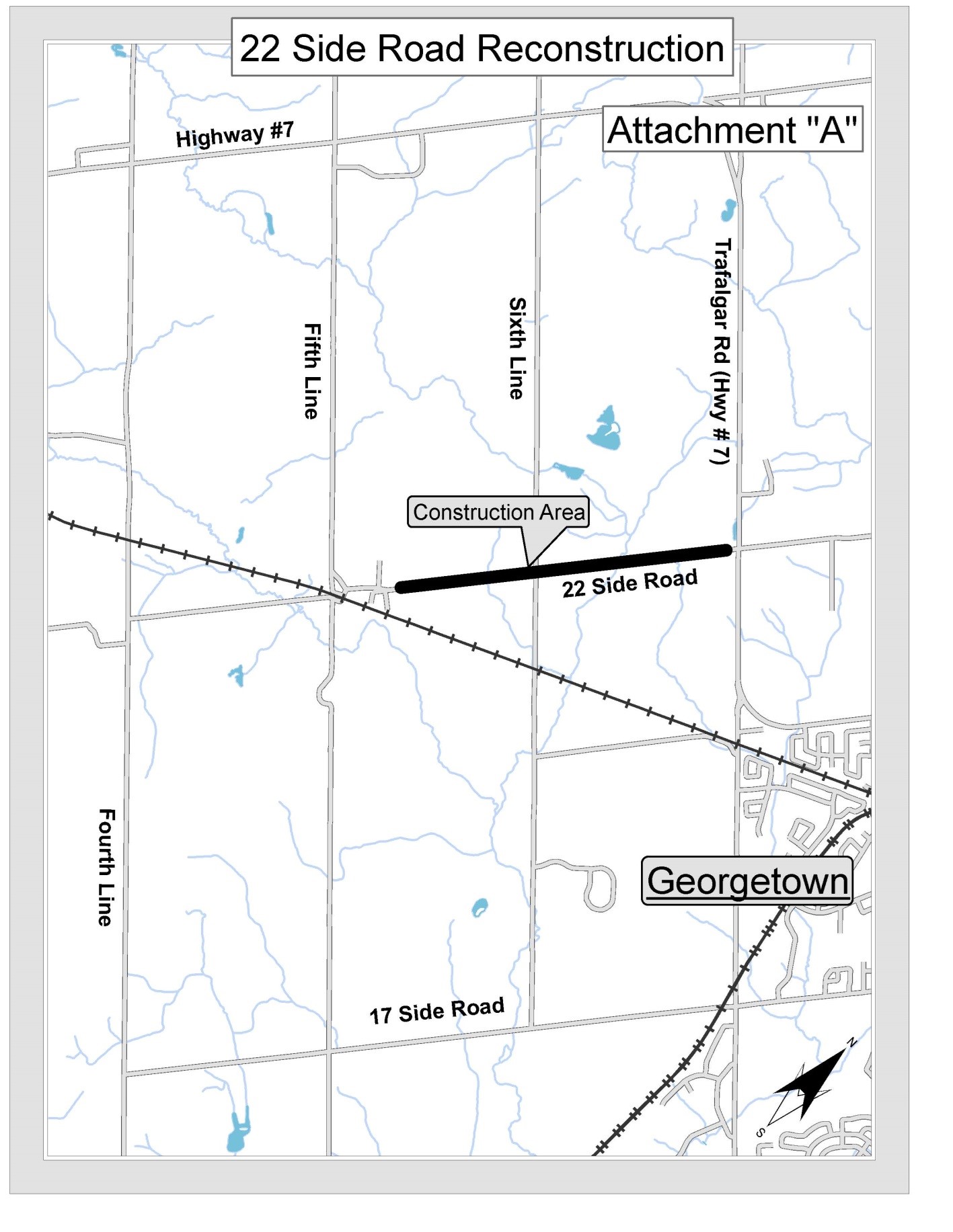 Map of Halton Hills showing area of construction on 22 Side Road