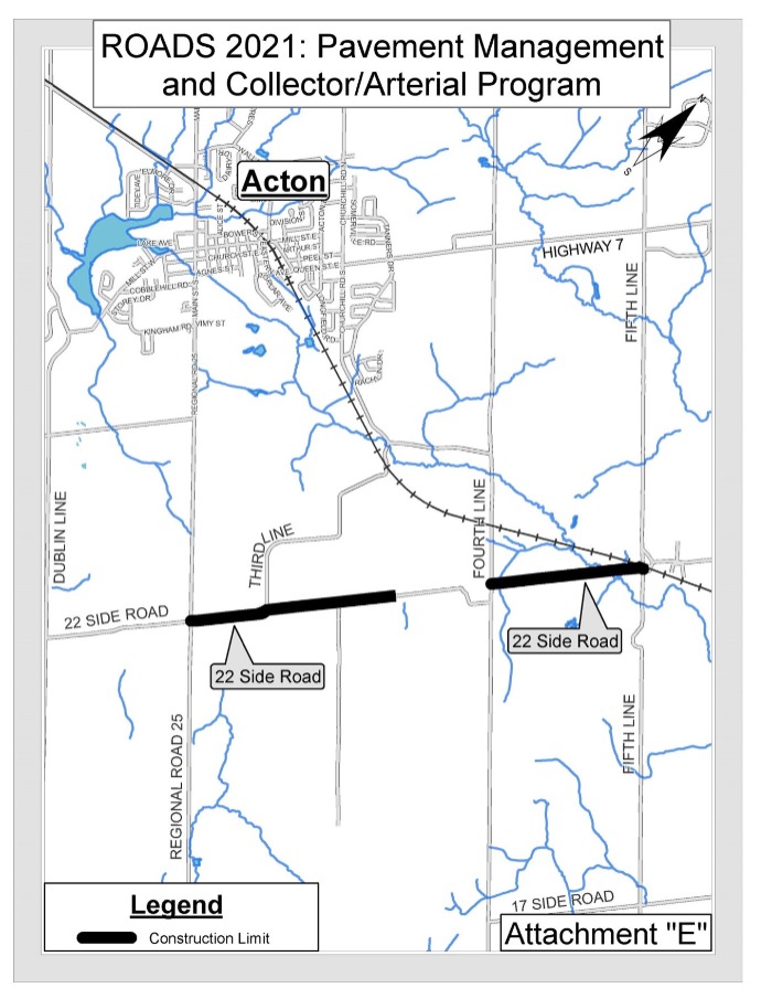 Map of Halton Hills showing area of resurfacing on 22 Side Road
