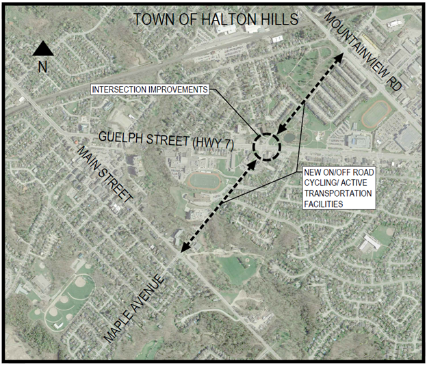 Map of Halton Hills showing area of construction on Maple Avenue and Guelph Street