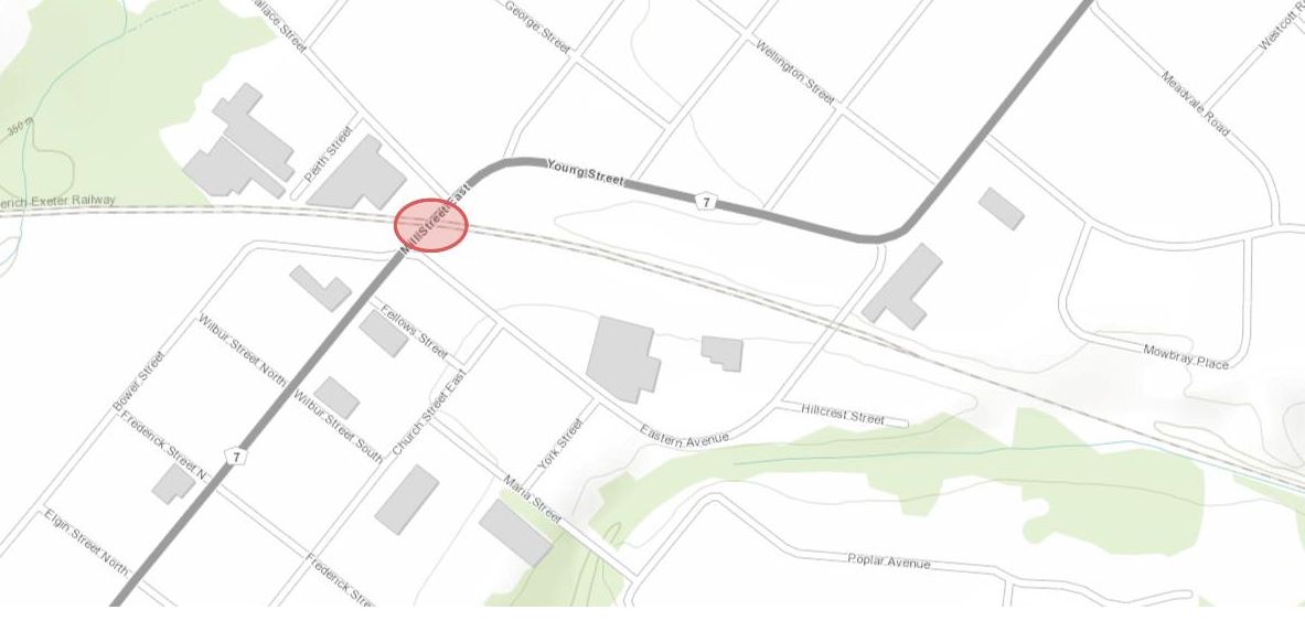 Map of Metrolinx railway crossing closure location on Mill Street East