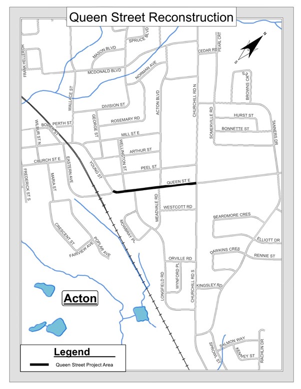 Map of Halton Hills showing area of construction on Queen Street