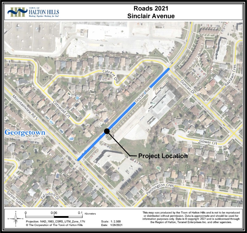 Map of Halton Hills showing area of road closure on Sinclair Avenue
