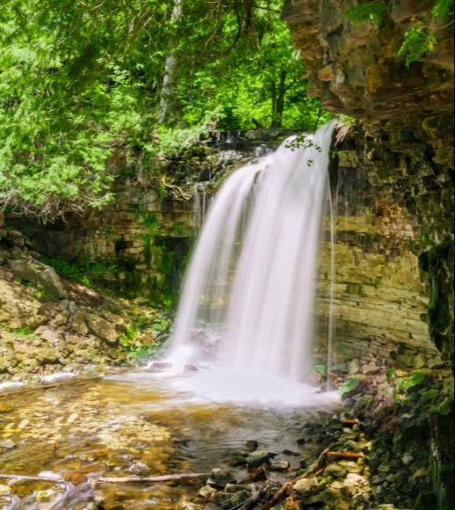 A waterfall surrounded by trees and rocky outcrops at Hilton Falls Conservation Area