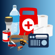 First Aid, bottled water, toilet paper, batteries, flashlight, radio