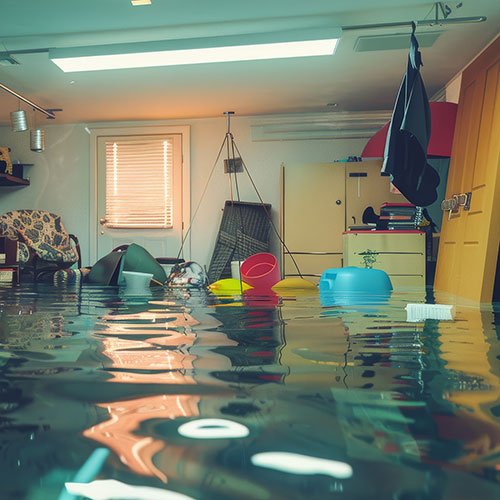 Basement rec room with a flooded floor of water