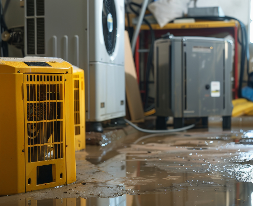 basement floor with water on it indicating it was the result of flooding. Dryer equipment to help with clean up