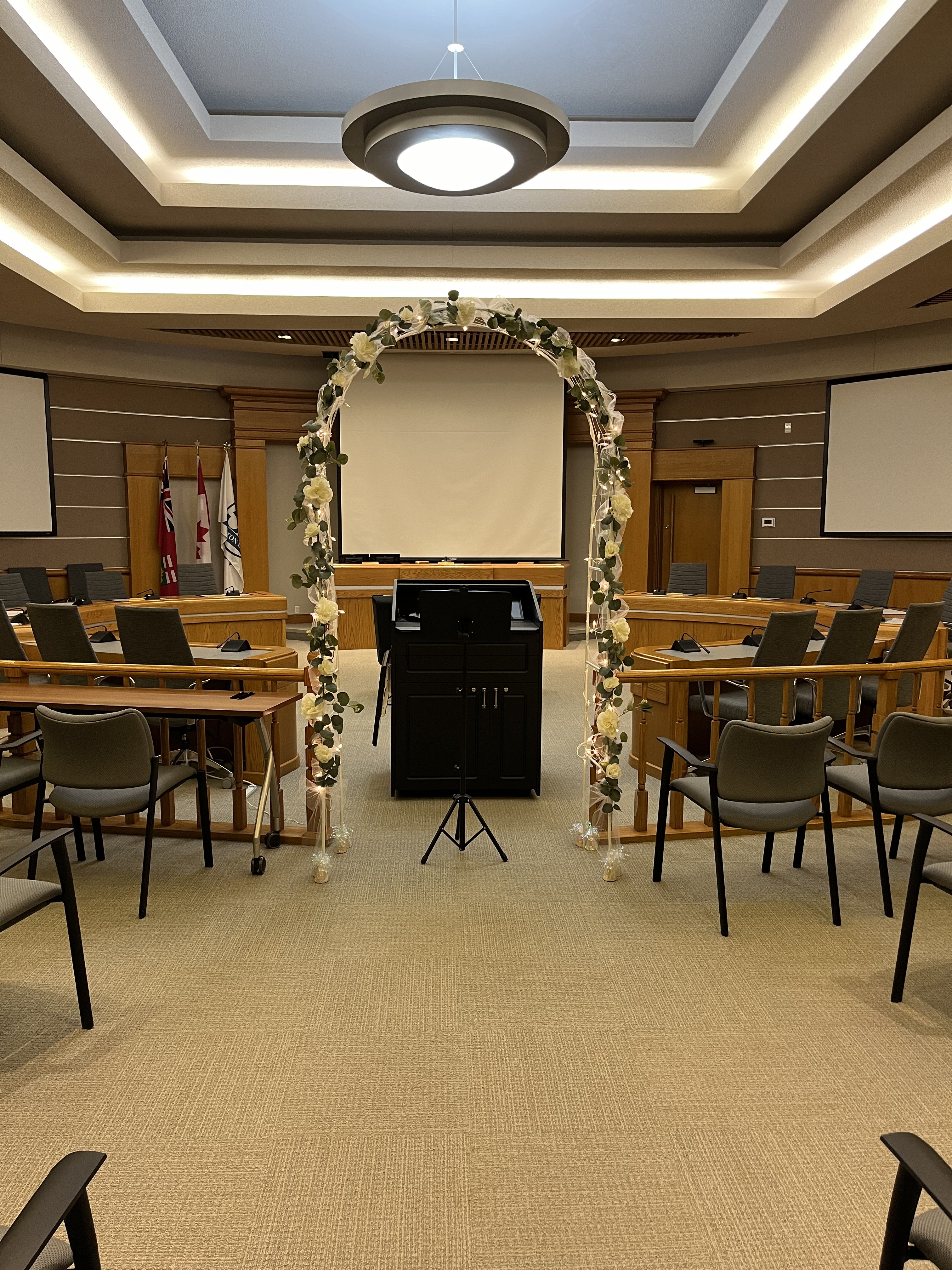 Town of Halton Hills Council Chambers with archway and podium for civil ceremonies