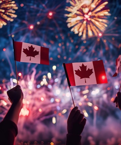 Canada Day fireworks Two people holding small canadian flags while fireworks are set off infront of them in the nights sky