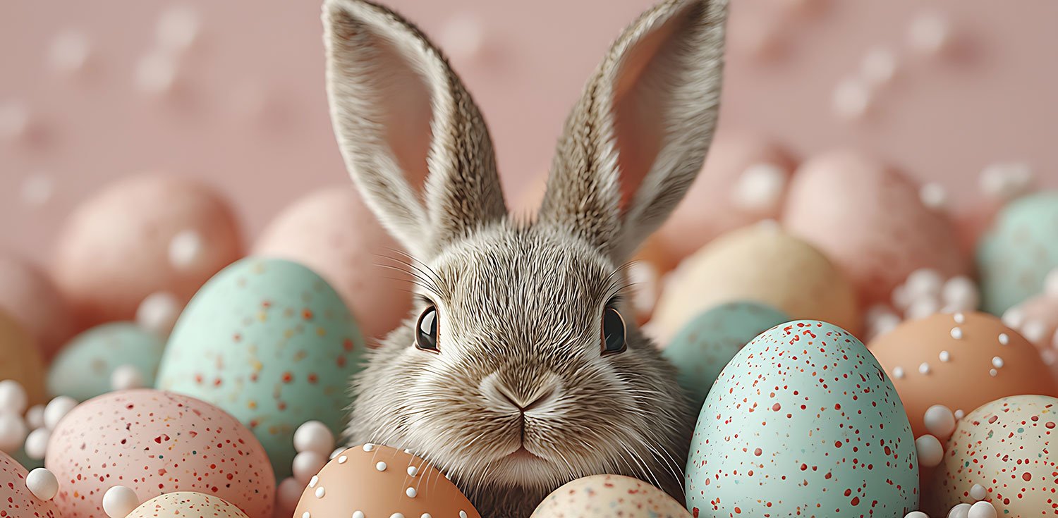 A bunny surrounded by decorative eggs