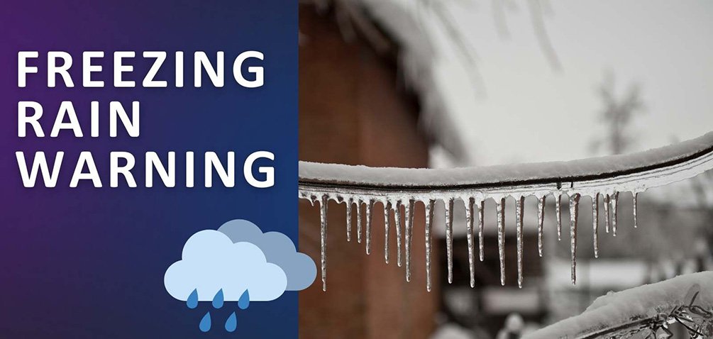 Freezing rain image with warning notice