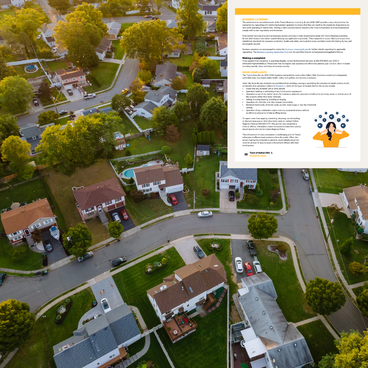 Aerial view of a small portion of a neighbourhood homes and their yards