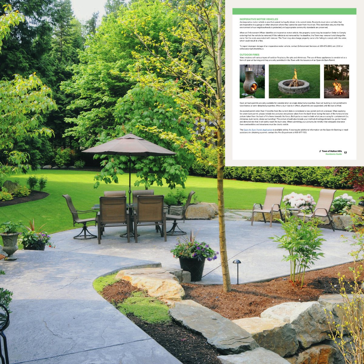 Backyard with a stone patio and landscaping and table/chairs