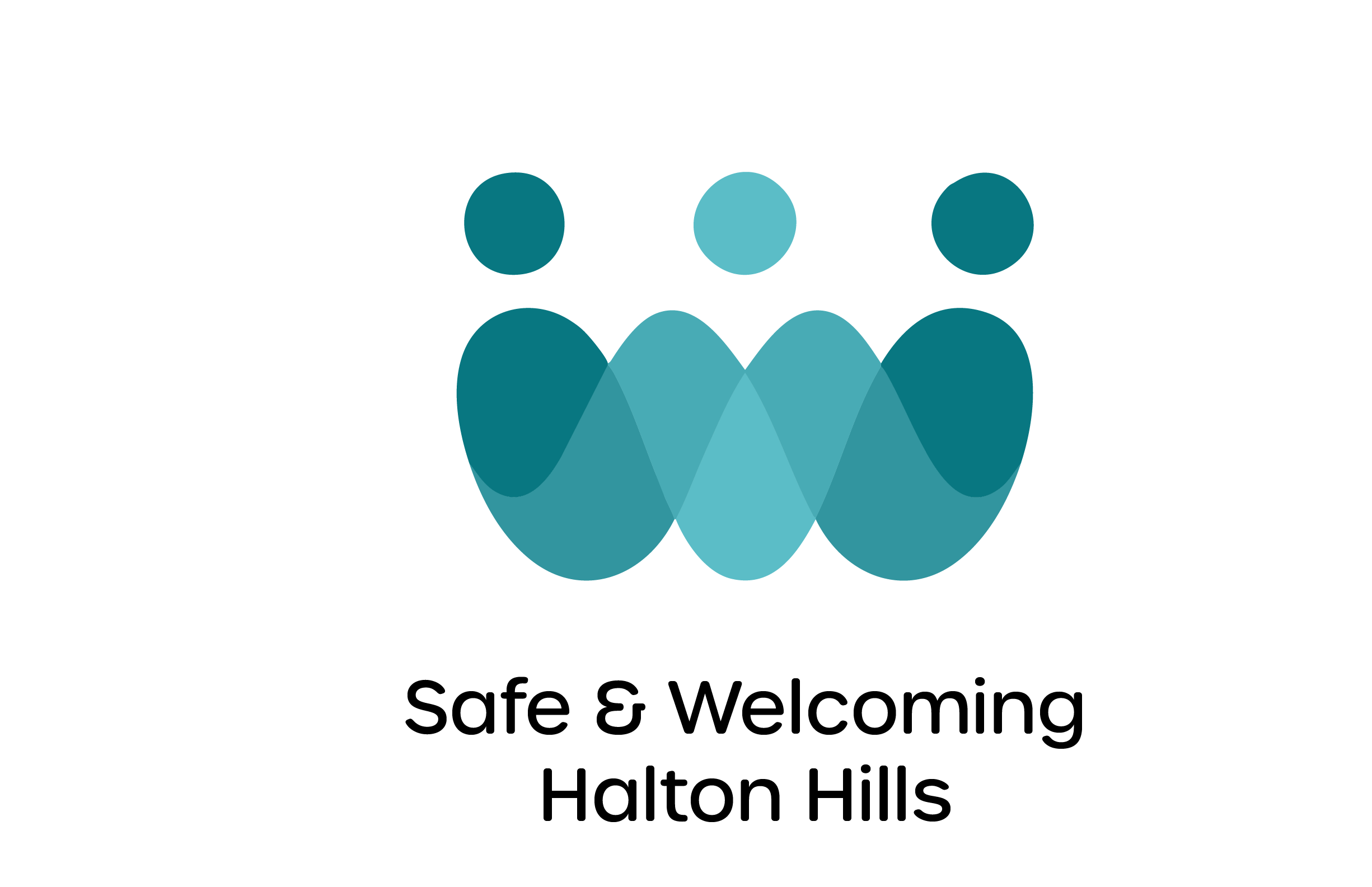 Image of the Safe and Welcoming Halton Hills Logo, with three abstract human figures in shades of teal and blue forming a wave-like pattern