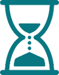 A teal-coloured hourglass icon with sand flowing from the top chamber to the bottom chamber, symbolizing the passage of time and in-process stage